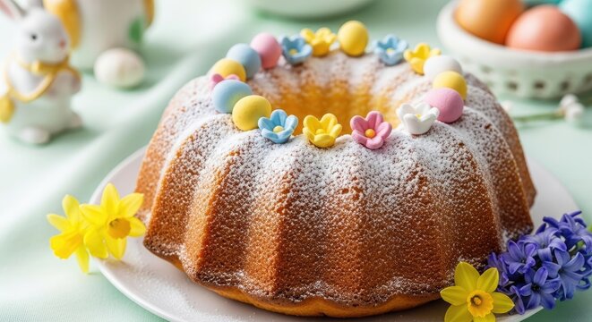 A beautifully decorated Easter cake with colorful decorations and flowers on a white plate.