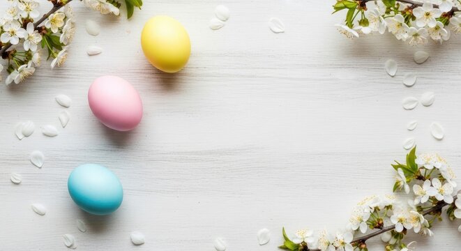 Easter eggs and flowers on a white wooden table.