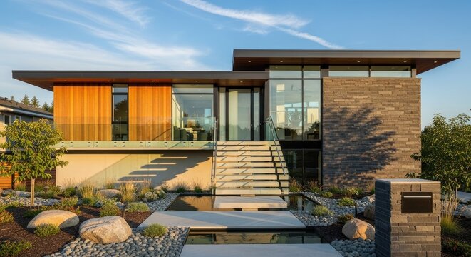 A modern house sits on a landscaped property. The house features a combination of dark gray brick, warm wood cladding, and expansive glass windows.