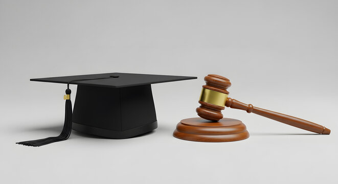 3D Render of a Black Graduation Cap and Wooden Judge Gavel on a White Background, Representing Law School Education, Legal Studies, Academic Achievement, Juris Doctor Degree, and Professional Success