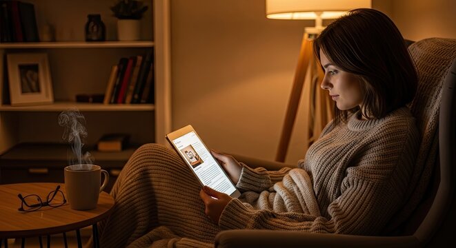 A young woman sits in a comfortable armchair, engrossed in reading an e-reader. She is wrapped in a cozy sweater and a blanket, holding a warm mug of tea.