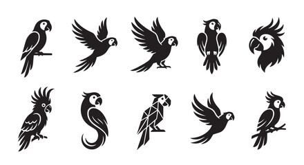 Set of black and white silhouette icons of tropical parrot birds with silhouette tropical wildlife collection © MDSABBIR