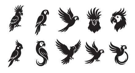 Collection of silhouette icons featuring various exotic parrots silhouette tropical wildlife collection isolated © MDSABBIR