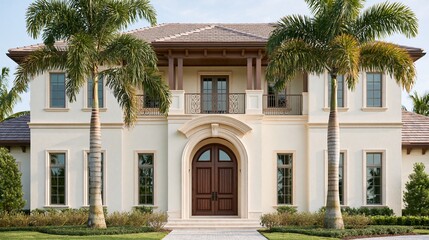 Fototapeta premium Elegant Mediterranean Luxury Villa with Palm Trees and Grand Entrance