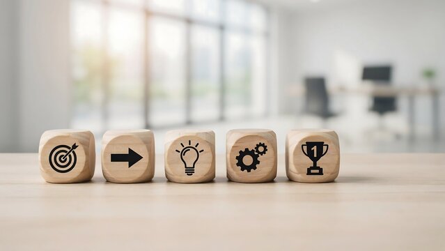 Five wooden cubes with business icons arranged in a row on a desk, representing target, progress, idea, gears, and trophy, signifying a successful business journey