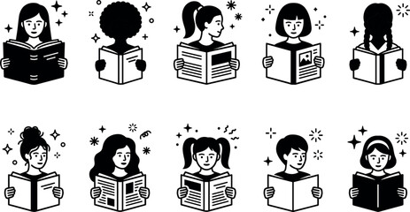Multicultural young students avatar icon collection featuring diverse girls reading books, newspapers, and academic textbooks with sparkling starry background elements.
