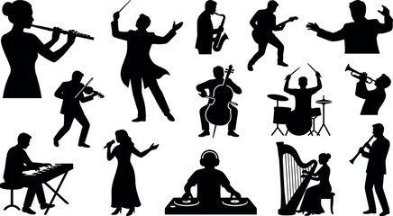 Musician silhouettes playing musical instruments orchestra conductor singer dj band concert vector icon collection set © MDAKBOR