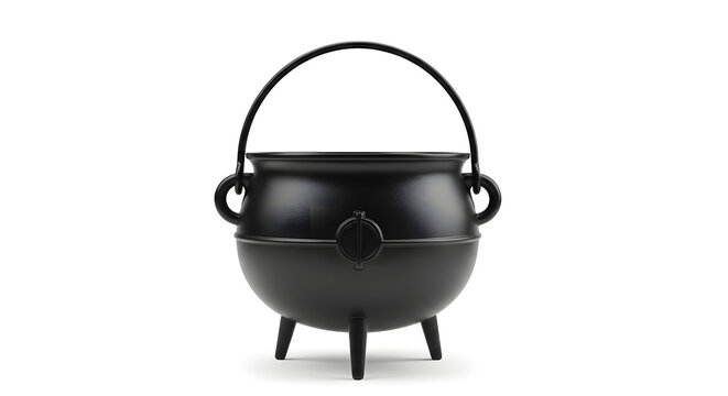 Black cast iron witch cauldron isolated on white background, traditional empty magic pot for halloween spells, potion brewing vessel with handle and three legs, fantasy witchcraft accessory for decor