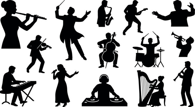 Musician silhouettes playing musical instruments orchestra conductor singer dj band concert vector icon collection set