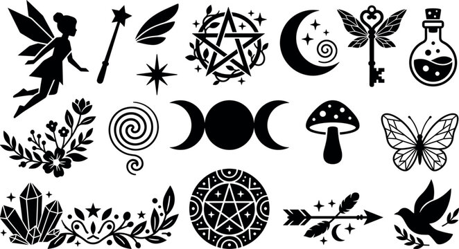 Mystical fairy tale and magic wicca silhouette collection featuring celestial pentagram moon crystal potion butterfly mushroom and gothic icon vectors pack