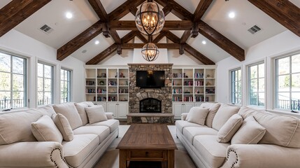 Obraz premium Spacious Rustic Living Room with Exposed Wood Beams, Stone Fireplace, and Built-in Bookshelves