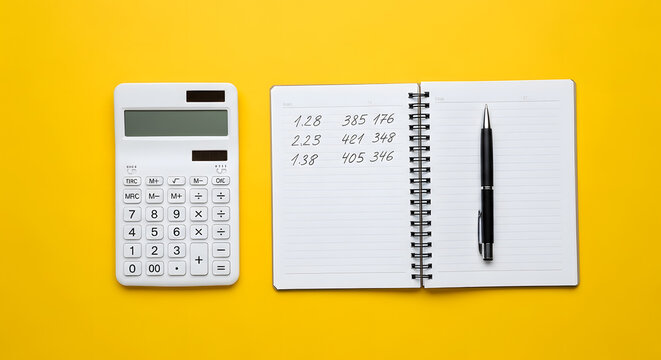 Top view of white electronic calculator, open spiral notebook with handwritten numbers and black pen on bright yellow background for financial planning, accounting, budgeting and office work.