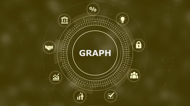 Digital interface with the word graph centered in a circular frame surrounded by various business on a dark olive green background