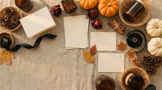 Overhead Flat Lay of Autumn Elements with Blank Cards, Ample Copy Space for a Seasonal Vision Board or Advertising