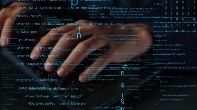 Close-up of hands typing on a laptop keyboard surrounded by a digital code overlay, symbolizing the intersection of technology, programming, and cyber security in the modern era. Xenic