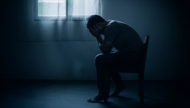 Silhouette of a person sitting alone with head in hands.