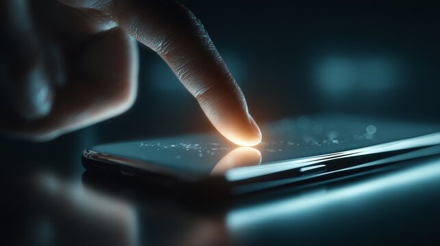 Finger swiping on glowing smartphone screen with soft neon gradients, cinematic macro details, smooth reflections, shallow depth, elegant futuristic tech, ultra-realistic 8K composition.