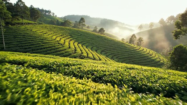 Sunlit tea plantation landscape with rolling hills, lush green bushes, and soft morning mist, agricultural background, natural beauty