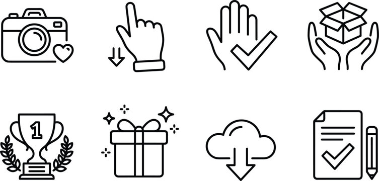 E-commerce reward and data cloud interaction line icon set containing camera trophy gifts and document checklist graphics