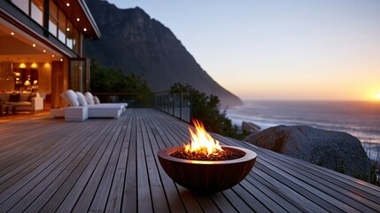 Obraz premium Luxury Modern Deck with Fire Pit Overlooking Ocean Sunset and Mountain Vista