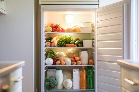 Open refrigerator stocked with fresh, healthy groceries and colorful produce, organized for optimal storage.