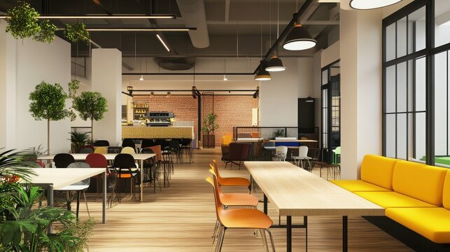 Cafeteria interior features bright yellow bench seating and long wooden tables arranged in a spacious contemporary dining area.