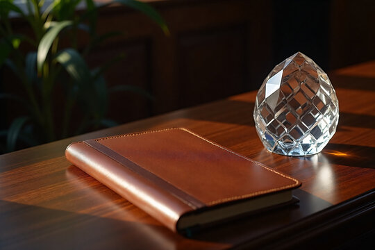 Elegant brown leather journal notebook next to faceted crystal paperweight on wooden desk with soft natural lighting in cozy office environment