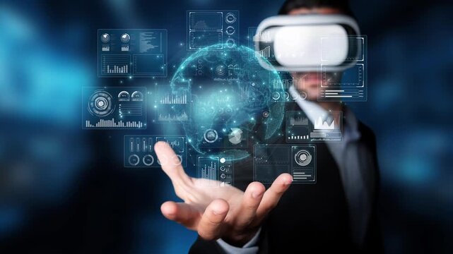 A person engages with an immersive virtual reality experience, using a headset to interact with dynamic data visualizations and futuristic digital elements in a captivating setting. Raster