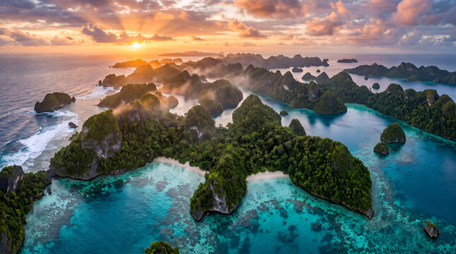 Aerial Panorama of Tropical Island Paradise with Turquoise Lagoons and Golden Sunrise