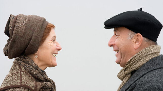Joyful senior couple dressed in traditional outfits engaging in happy conversation during The San Isidro Festival celebration outdoors