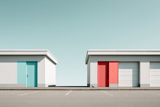 Minimalist Storage Unit Buildings with Contrasting Blue and Red Doors Under a Clear Sky
