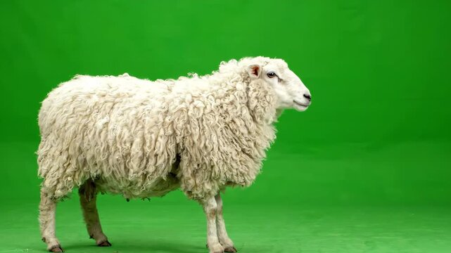 Fluffy white sheep walking slowly across a bright green screen background for chroma key compositing