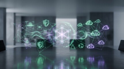Fototapeta premium Digital cloud computing network interface. Futuristic data security and cyber tech hologram.