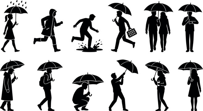 People in rain silhouettes with umbrellas running jumping in puddle walking couple vector icon set collection