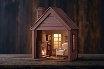 Obraz premium Cozy Miniature Dollhouse Interior with Glowing Fireplace and Armchair Evokes Warmth and Comfort