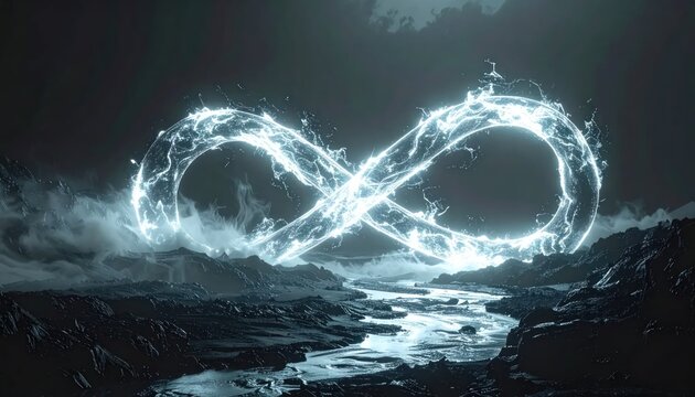 Glowing white infinity sign above misty dark coastal water.