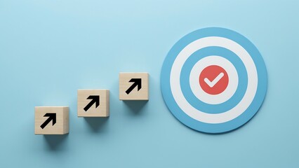 Obraz premium Three wooden blocks with upward arrows on a blue background leading to a target with a red checkmark, symbolizing progress and goal achievement
