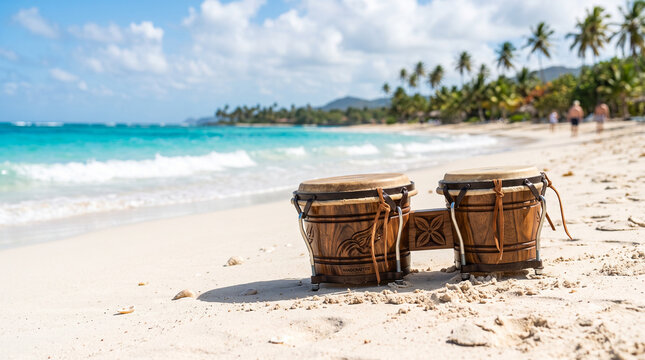 Pair of wooden bongo drums resting on a sandy tropical beach with ocean waves and palm trees background.