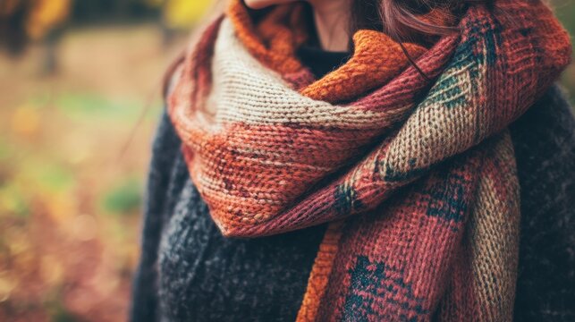 Scarf featuring a textured plaid pattern rests around a person wearing a dark grey sweater.