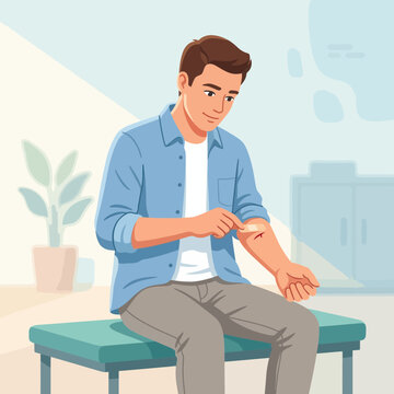 Man Applying Bandage to Cut on Arm, Self-Care, First Aid Concept, Vector Illustration