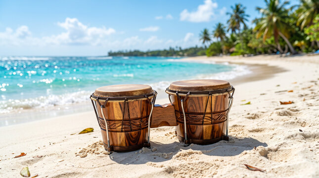 Pair of wooden bongo drums resting on a sandy tropical beach with ocean waves and palm trees background.