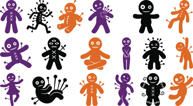 A creative helloween coloring icon set featuring various voodoo doll characters in different poses for festive holiday crafts and projects