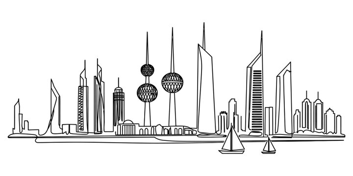 Black and white hand drawn sketch illustration of the shanghai city skyline featuring the oriental pearl tower and modern skyscrapers in china