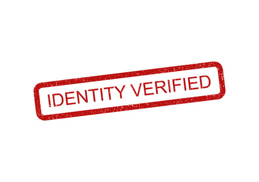 Red identity verified rubber stamp impression with a grunge texture effect isolated on transparent background