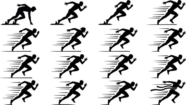 Track and field runner silhouette collection showing starting blocks sprinting phases acceleration and crossing the finish line tape vector set