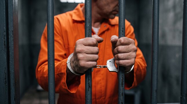 Prisoner in orange jumpsuit holding onto jail bars with handcuffs on.
