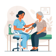 Fototapeta premium Nurse taking blood pressure of elderly woman in clinic - vector illustration