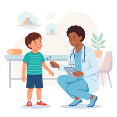 Fototapeta premium Pediatrician examines young boy with reflex hammer, promoting child health and medical care in a friendly clinic setting.