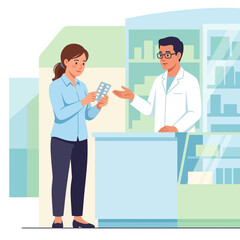 Fototapeta premium Pharmacist Advising Customer on Medication Blister Pack at Pharmacy Counter