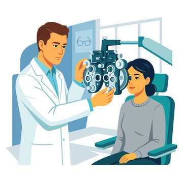 Optometrist examining patient's eyes with a phoropter in a modern clinic setting, vector illustration